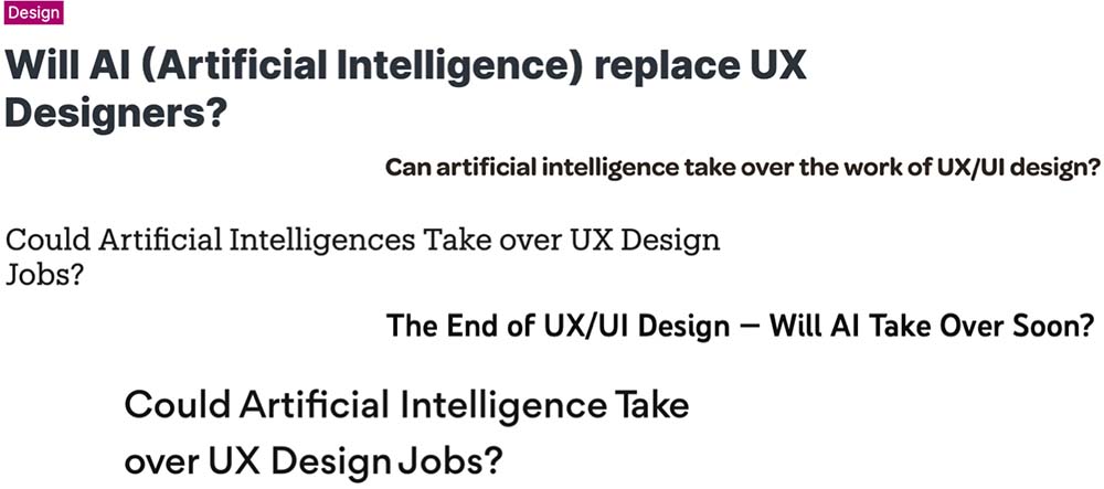 Several article titles like Will AI (Artificial Intelligence) replace UX designers? and Can artificial intelligence take over the work of UX/UI Design?