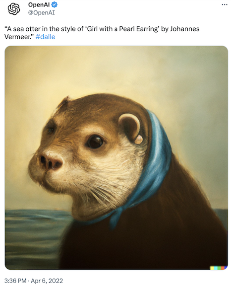 OpenAI tweet with an image generated based on the input “A see otter in the style of ‘Girl with a Pearl Earring’ by Johannes Vermeer.”
