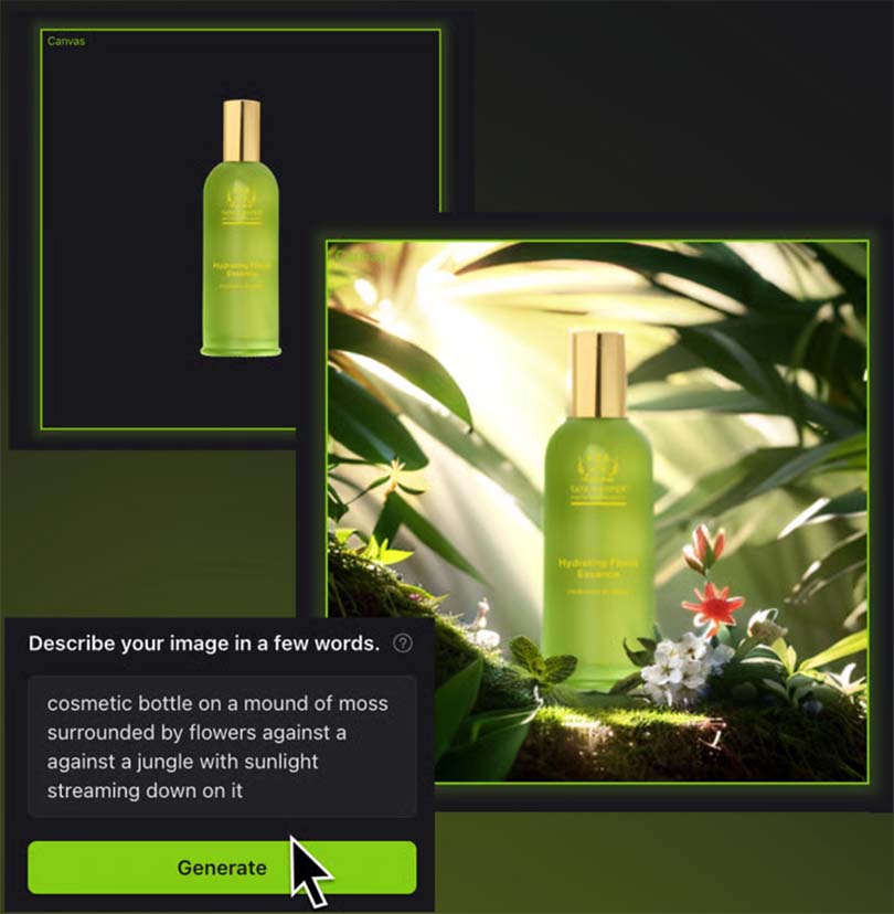 A cosmetic bottle in a jungle setting from the input “cosmetic bottle on a mound of moss surrounded by flowers against a jungle with sunlight streaming down on it"