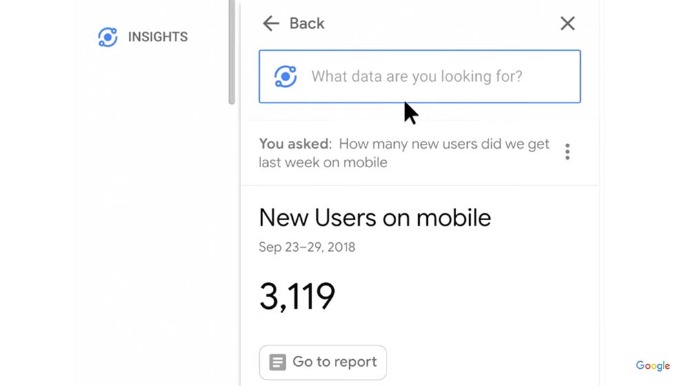 Google Analytics Intelligence  interface showing the answer “New users on mobile — 3,119” after the question “How many new users did we get last week on mobile?”.