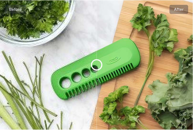 A kitchen utensil on a counter next to some vegetables. Half of the image is pixelated and the other has a good resolution.