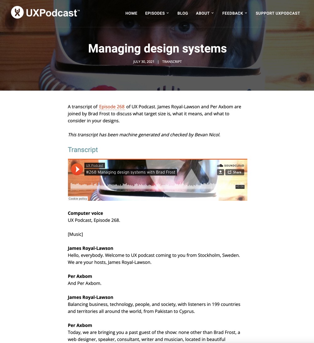 A screenshot of UX Podcast website showing the transcript they provide for their episodes