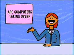GIF com um pivô de notícias ao lado de um ecrã que diz "Os computadores estão a assumir o controlo?". Quando o ecrã diz "Sim", fica histérica. 
