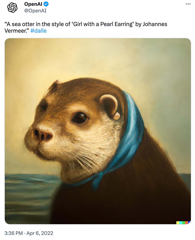 Tweet da OpenAI com uma imagem gerada com base na indicação "Uma lontra marinha ao estilo de 'A Rapariga do Brinco de Pérola' de Johannes Vermeer.”