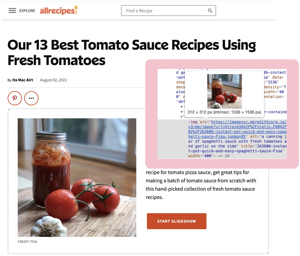 Captura de ecrã do website All Recipes que mostra uma imagem e uma captura de ecrã do alt text que descreve essa imagem.