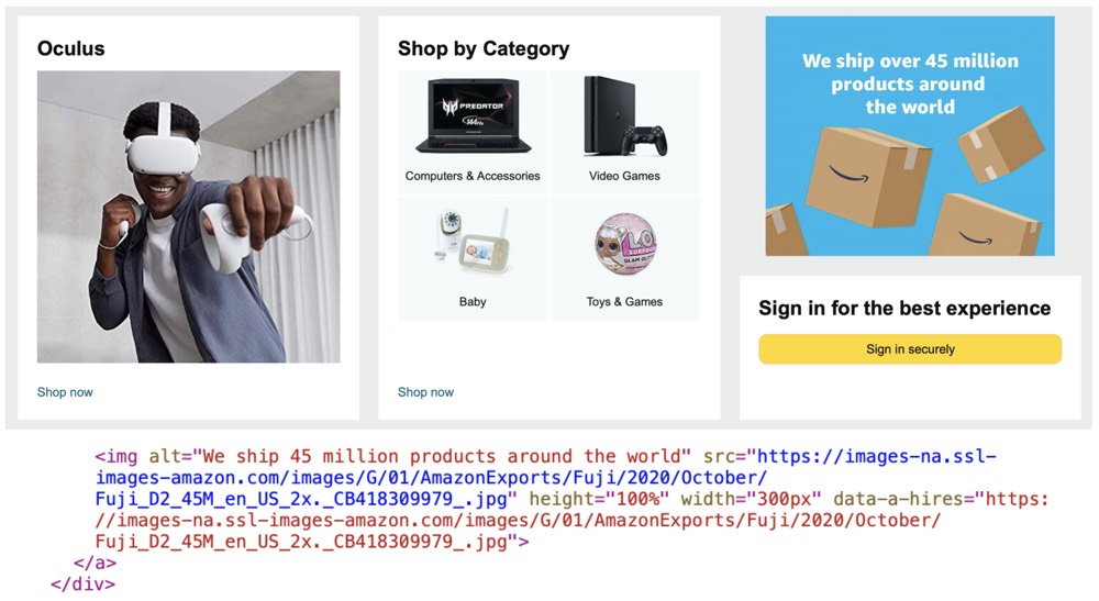Captura de ecrã do website da Amazon com uma imagem que diz "We ship over 45 million products around the world" e uma captura de ecrã do alt text da imagem que diz o mesmo texto.